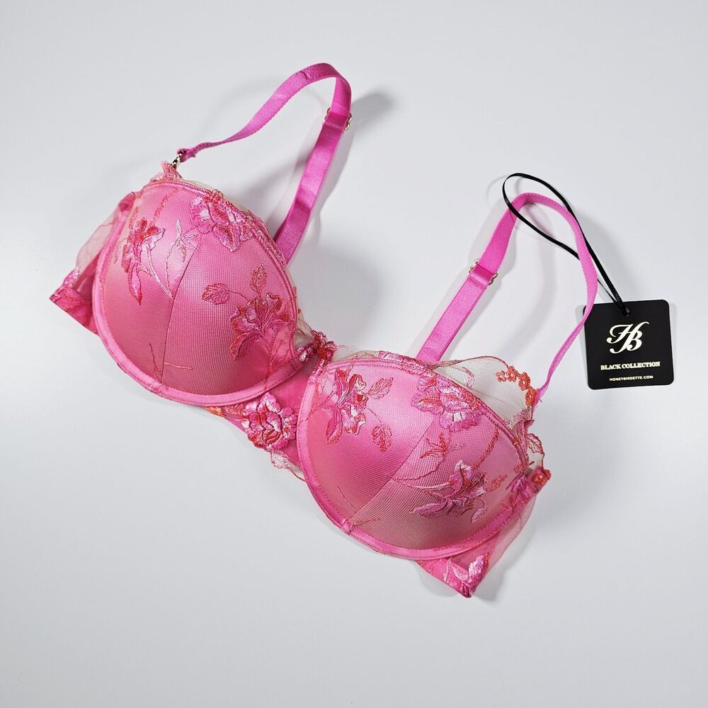 Honey Birdette Whitney Sherbet Pink Floral Embroidered Push-Up Bra Size 36DDD